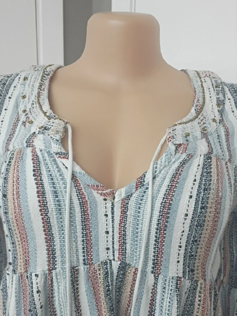 Altar'd State White Multi-Striped Tie-Neck Tunic